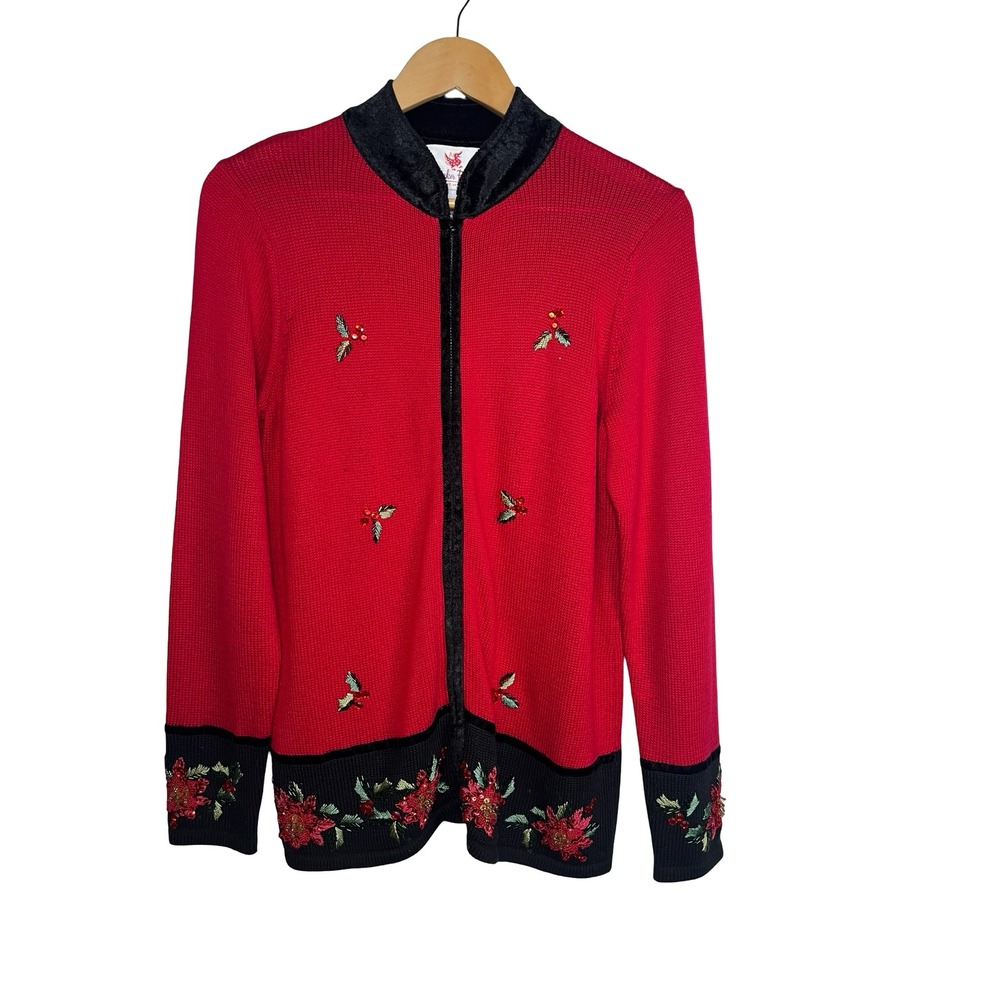 Quacker Factory XS Red Christmas Poinsettia Beaded Zip Cardigan Sweater Holly